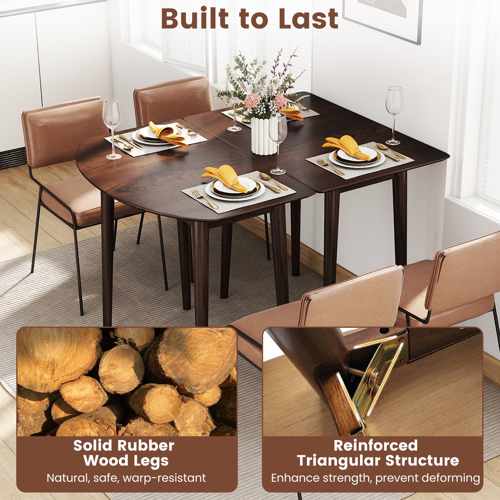 Rectangular Wooden Dining Table for 2-4 34 Inch Farmhouse Solid Wood Kitchen Table-Walnut