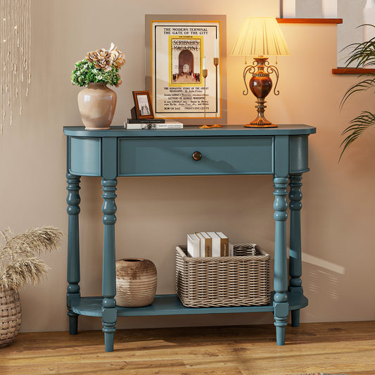 Retro Console Table36"L Wooden 2-Tier Narrow Behind Couch Foyer Table-Blue