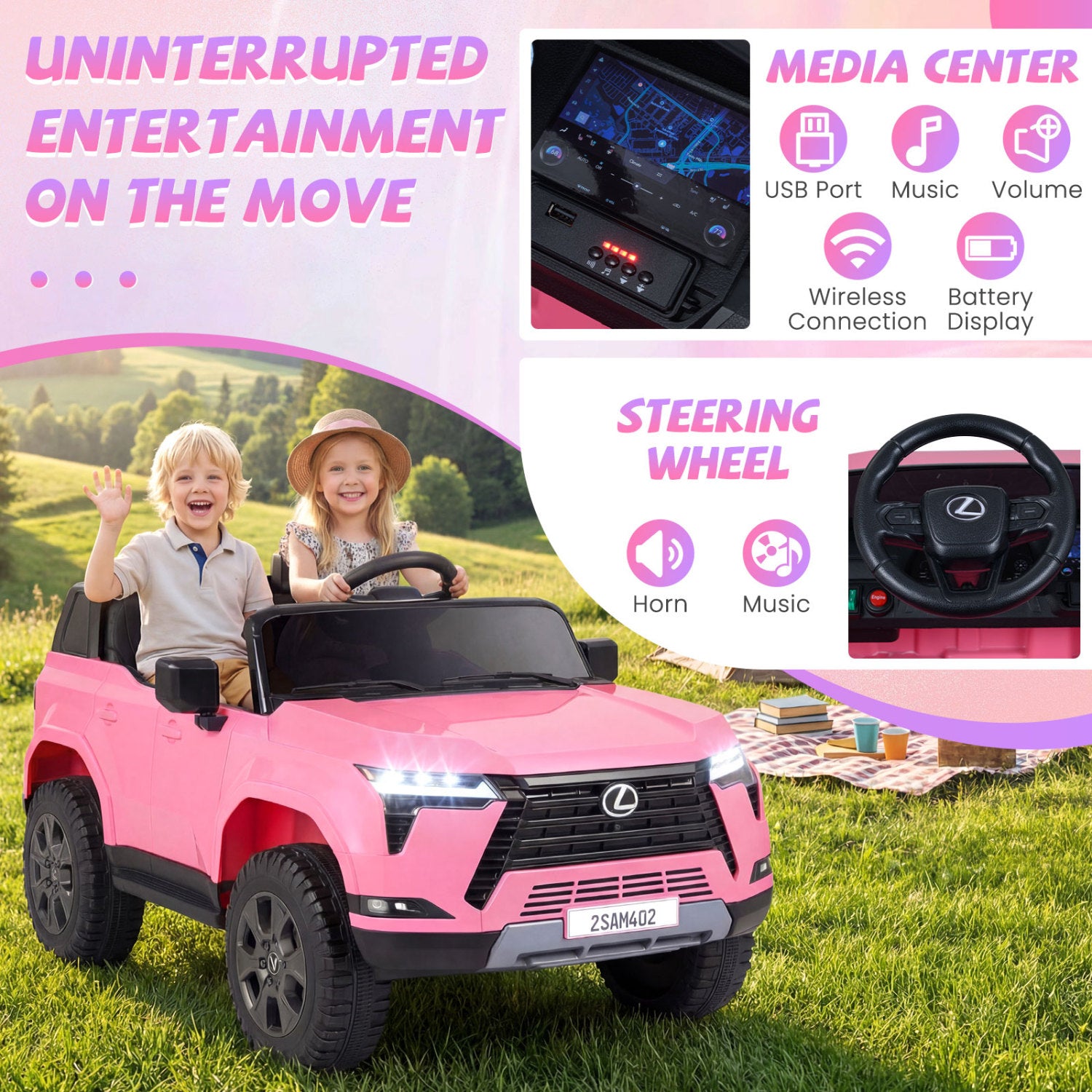 Ride on Car 24V 4WD Licensed LEXUS GX550 Electric Vehicle with Remote for Boys Girls Aged 3+-Pink