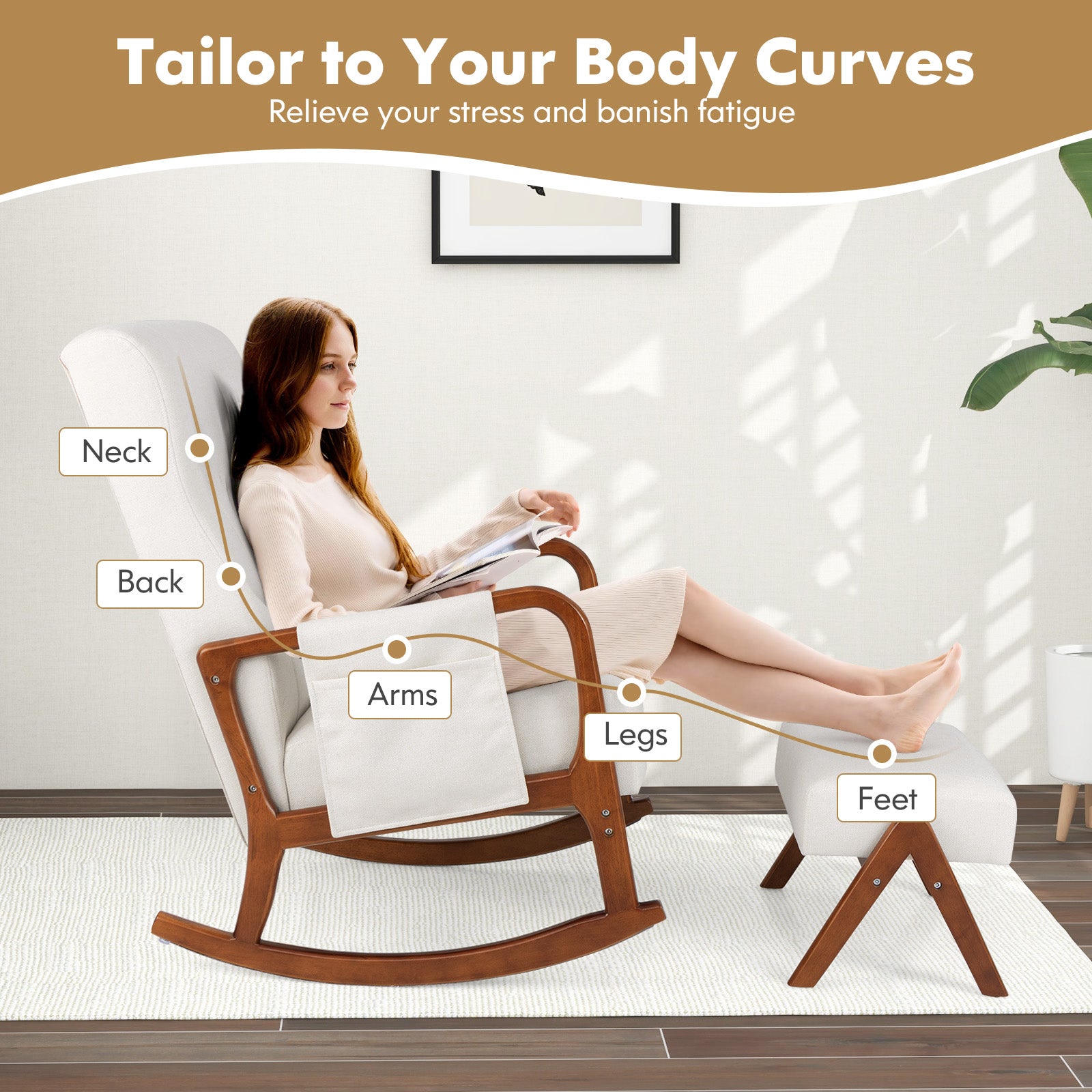 Rocking Chair with Ottoman and Solid Rubber Wood Frame and Padded Cushion-Beige