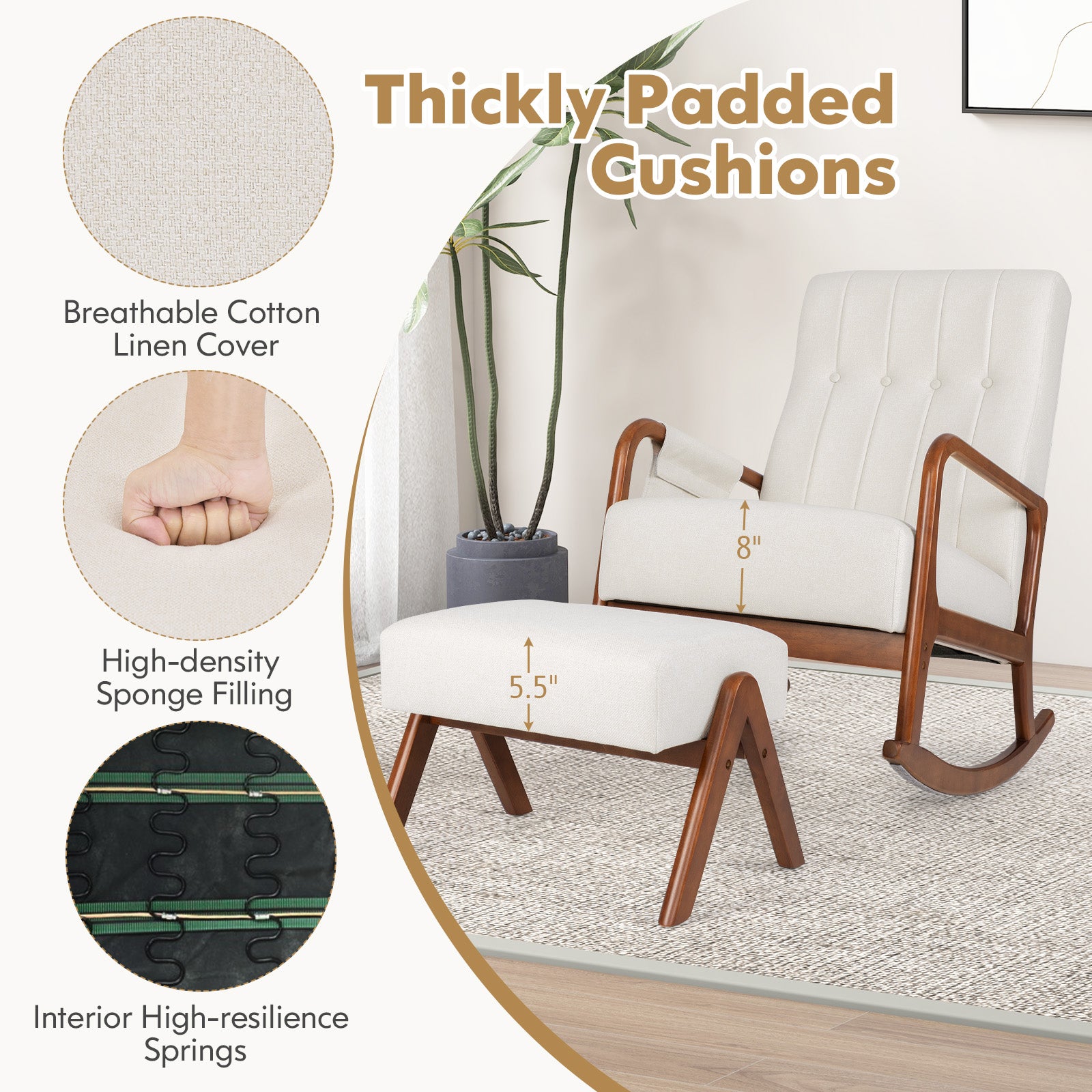 Rocking Chair with Ottoman and Solid Rubber Wood Frame and Padded Cushion-Beige