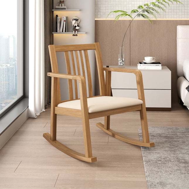 Rocking Chair with Slatted Back and Curved Armrests-Natural