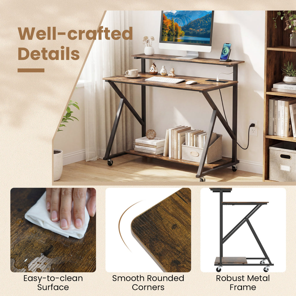 Rolling Computer Desk with Charging Station and Monitor Shelf Storage for Home Office-Rustic Brown