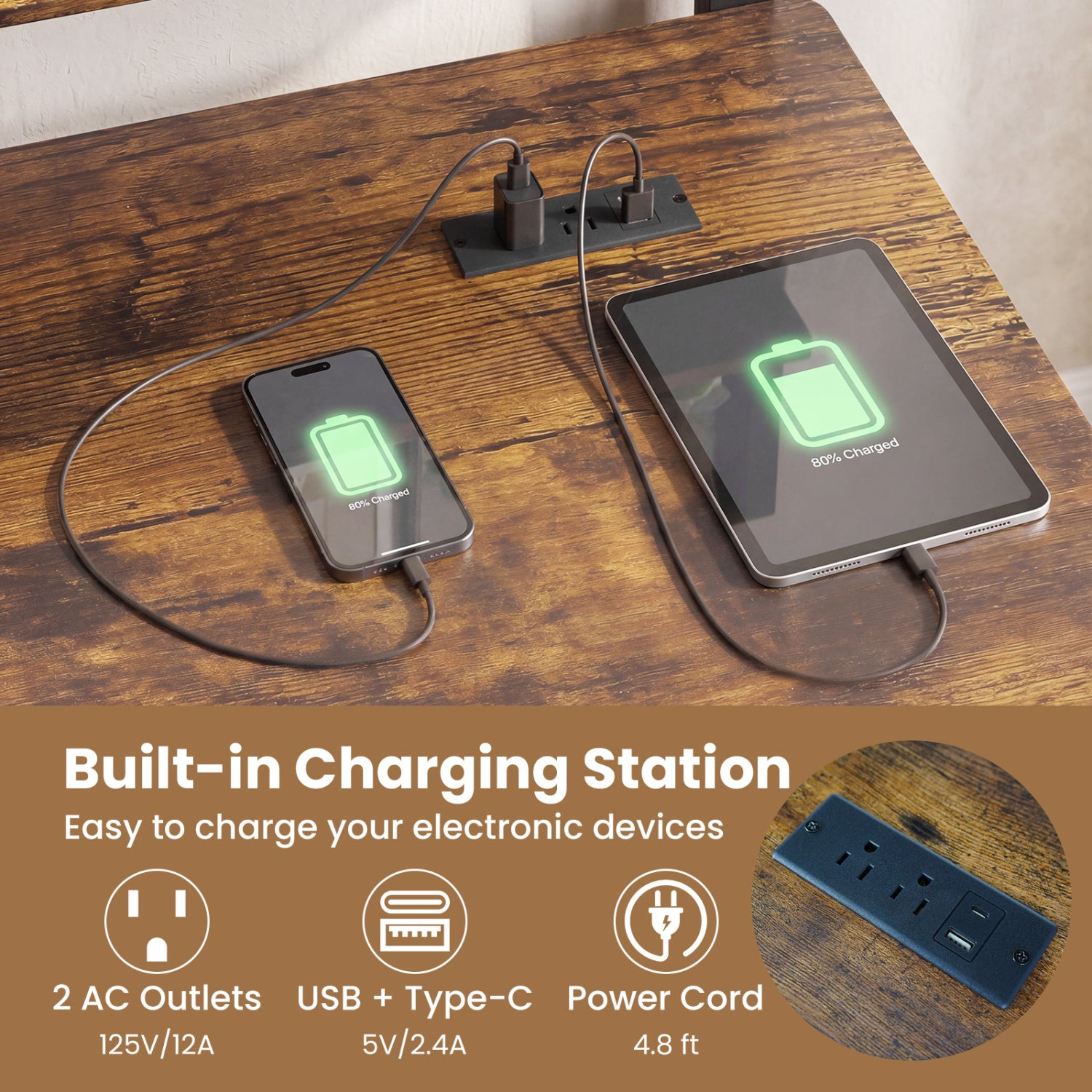 Rolling Computer Desk with Charging Station and Monitor Shelf Storage for Home Office-Rustic Brown