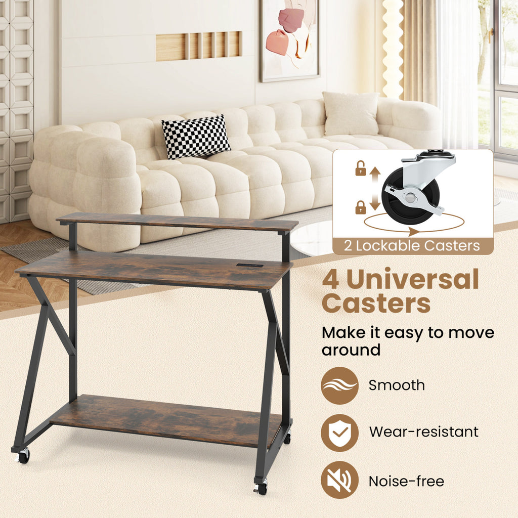 Rolling Computer Desk with Charging Station and Monitor Shelf Storage for Home Office-Rustic Brown
