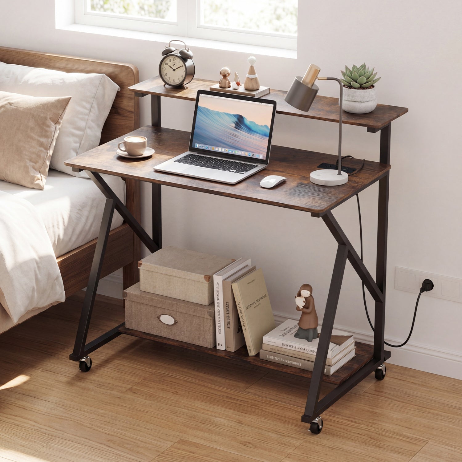 Rolling Computer Desk with Charging Station and Monitor Shelf Storage for Home Office-Rustic Brown