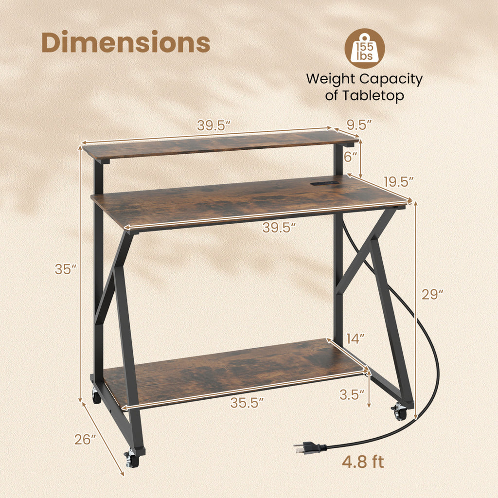 Rolling Computer Desk with Charging Station and Monitor Shelf Storage for Home Office-Rustic Brown
