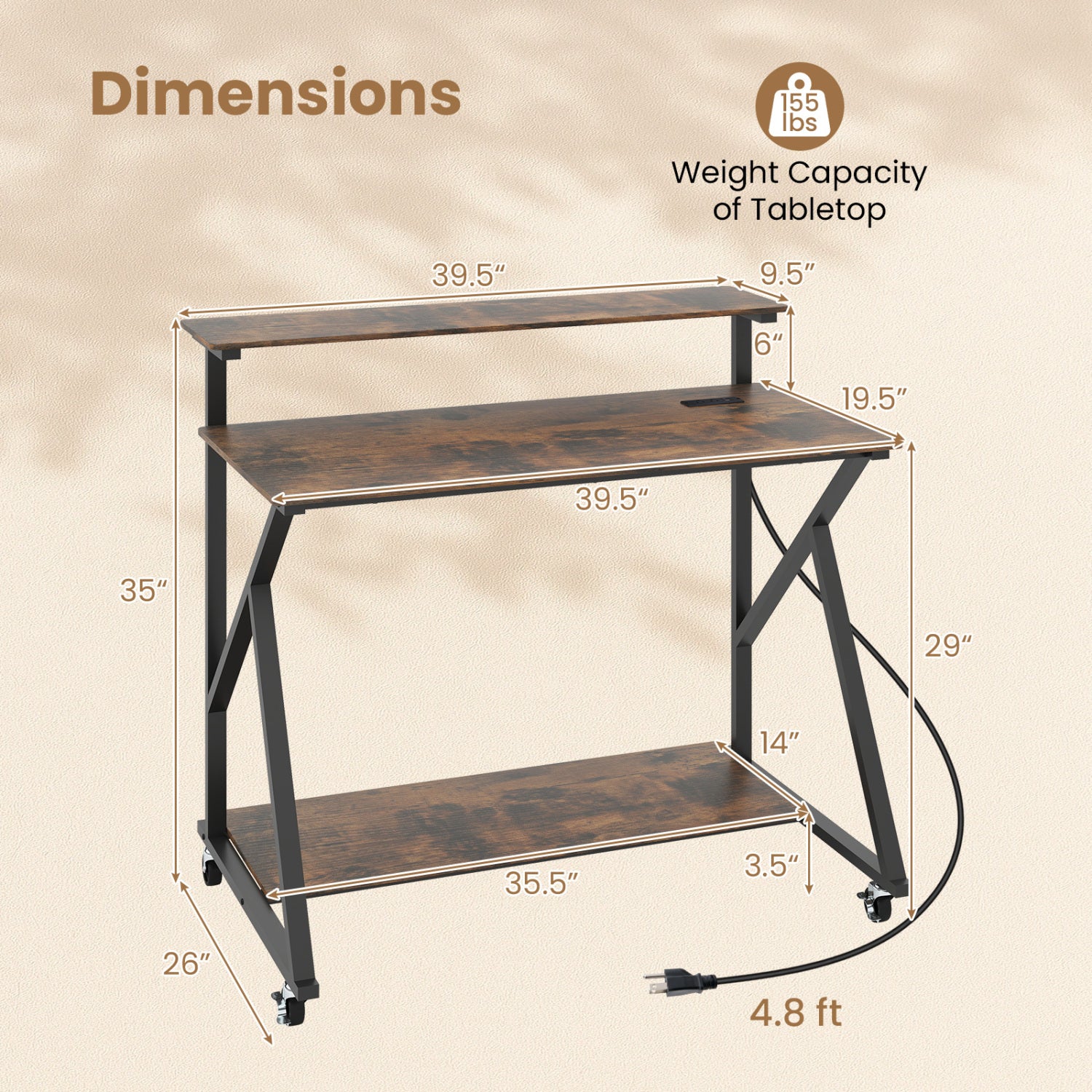 Rolling Computer Desk with Charging Station and Monitor Shelf Storage for Home Office-Rustic Brown