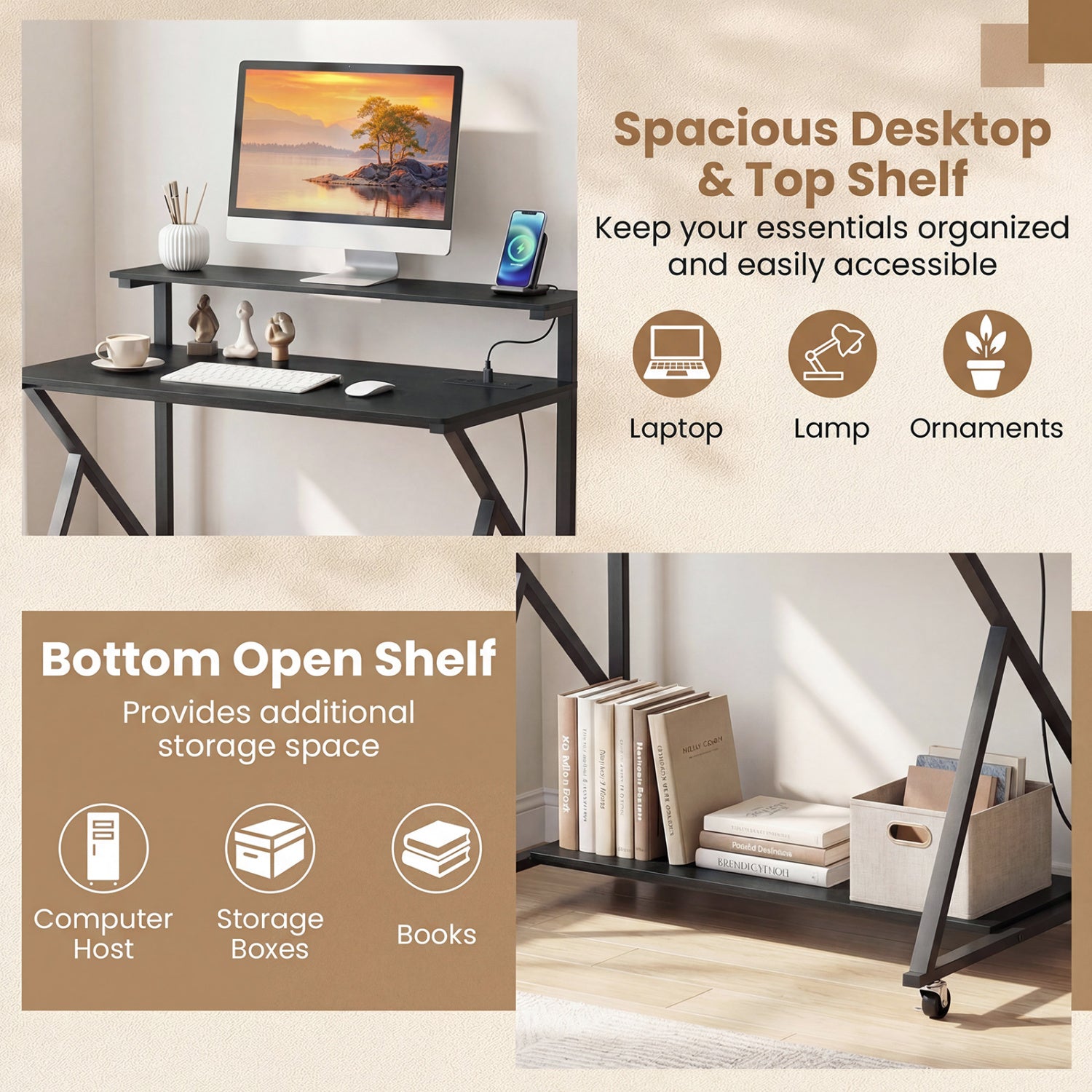 Rolling Computer Desk with Charging Station and Monitor Shelf Storage for Home Office-Black