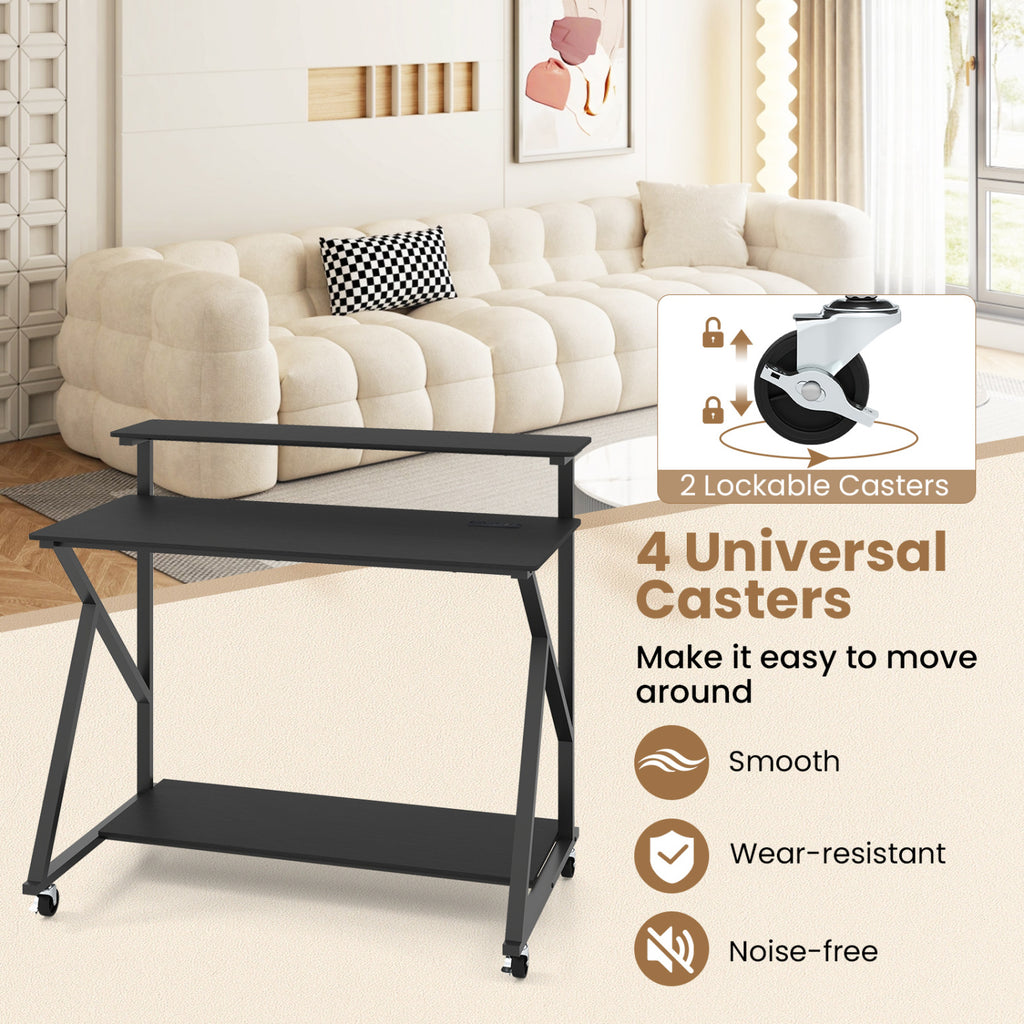 Rolling Computer Desk with Charging Station and Monitor Shelf Storage for Home Office-Black