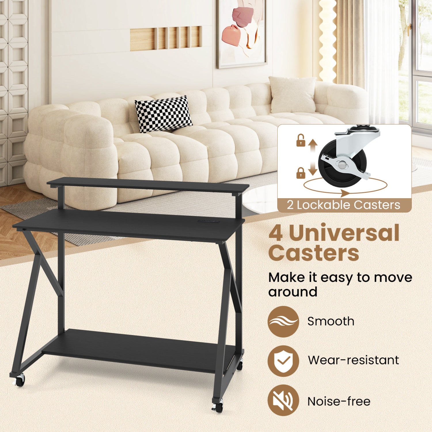 Rolling Computer Desk with Charging Station and Monitor Shelf Storage for Home Office-Black