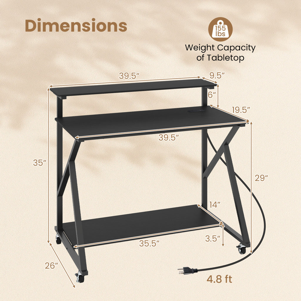 Rolling Computer Desk with Charging Station and Monitor Shelf Storage for Home Office-Black