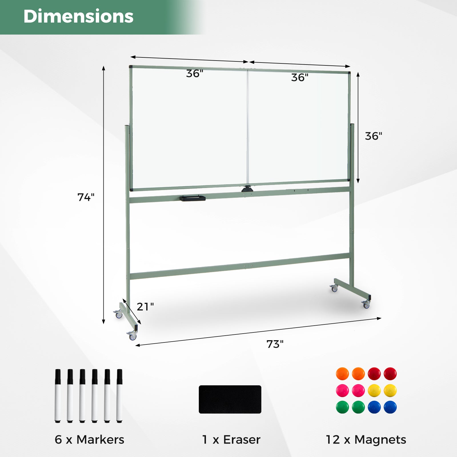Rolling Double-Sided Magnetic Whiteboard on Wheels with Stand and Aluminum Alloy Frame-Green