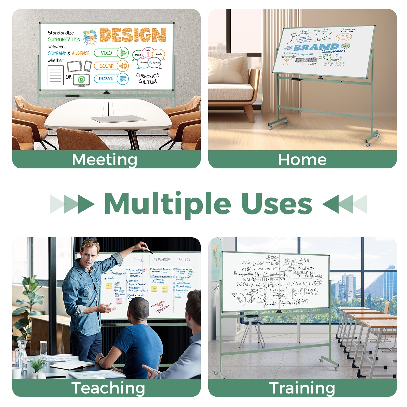 Rolling Double-Sided Magnetic Whiteboard on Wheels with Stand and Aluminum Alloy Frame-Green