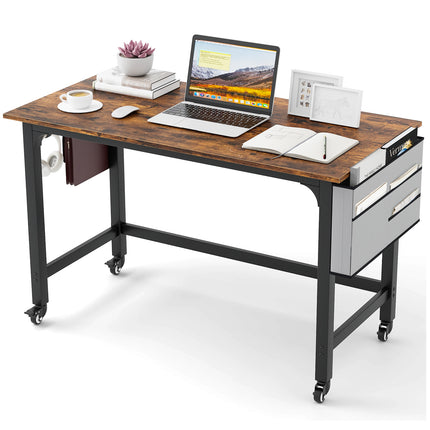 Rolling Home Office Computer Desk with Detachable Fabric Bag-Rustic Brown