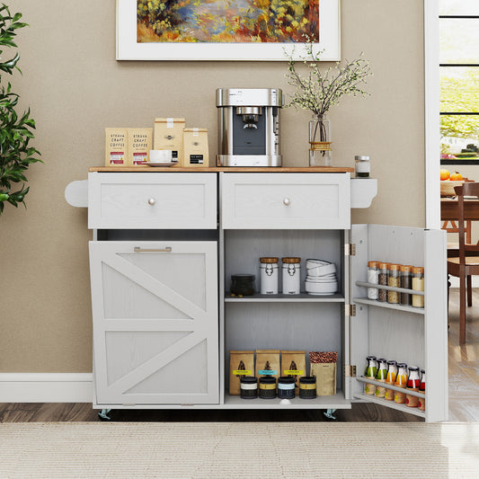 Rolling Kitchen Island with Trash Can Cabinet and Rubber Universal Wheels-Grey
