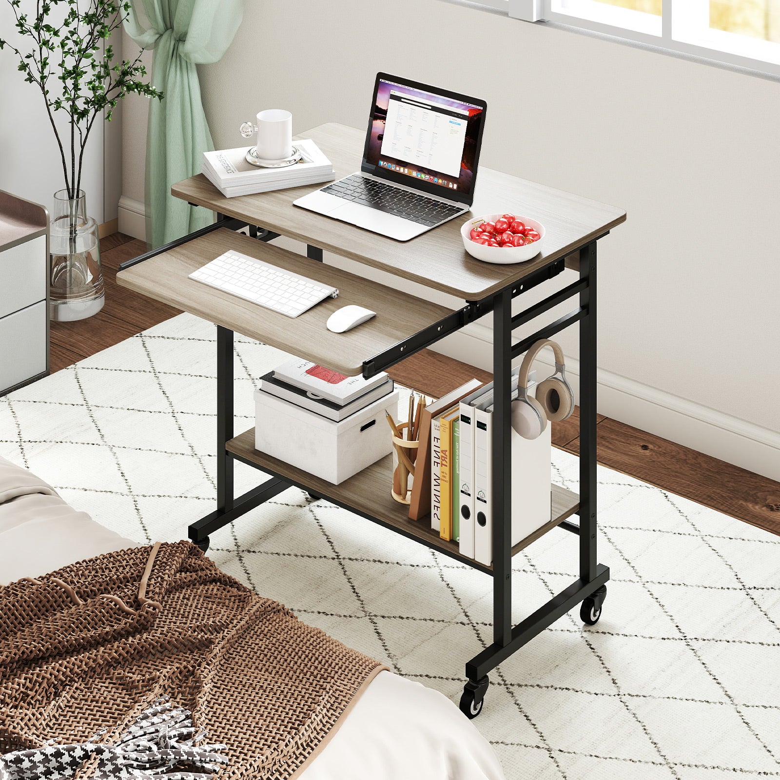 Rolling Laptop Table with Pull-out Keyboard Tray and Hooks-Grey