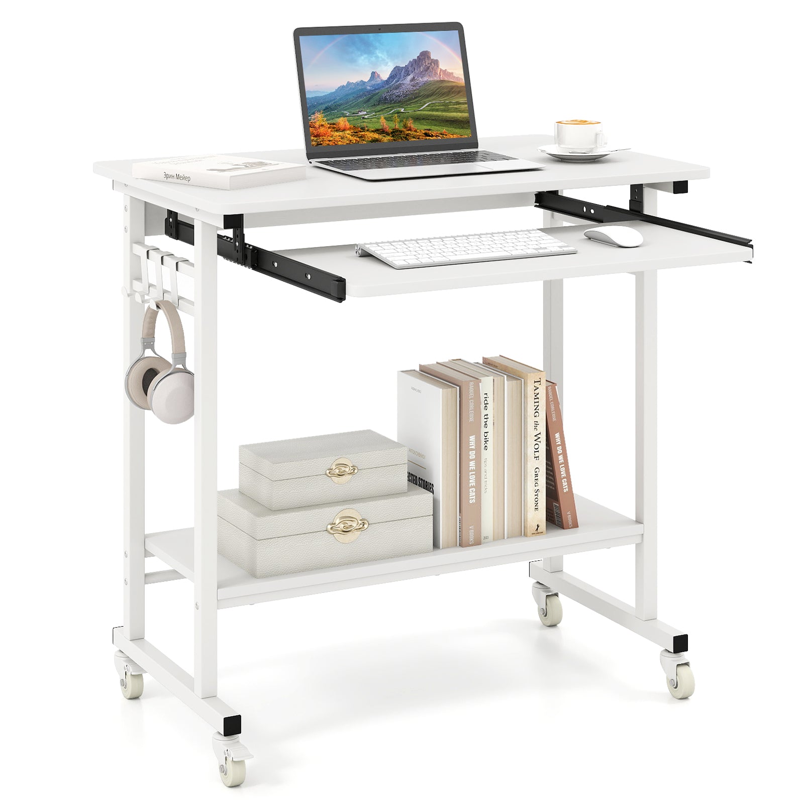 Rolling Laptop Table with Pull-out Keyboard Tray and Hooks-White