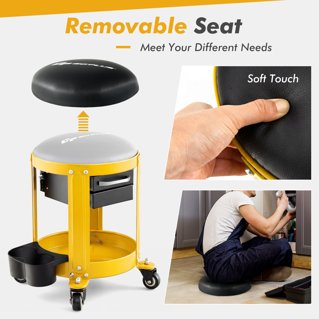 Tabouret de mécanicien roulant avec siège rembourré amovible et tiroirs – Jaune