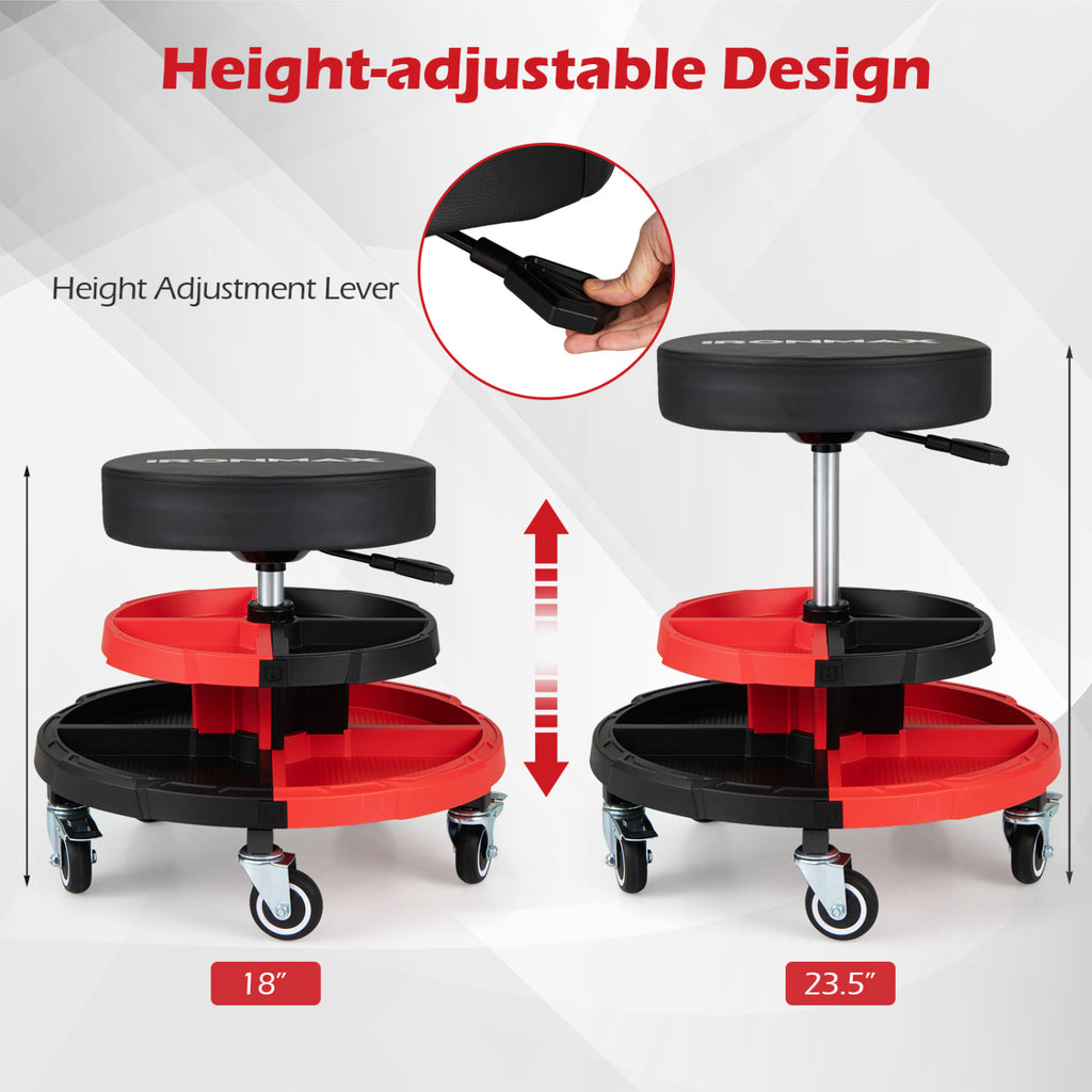 Rolling Mechanic Stool with Cushioned Seat and 5 Wheels 330 LBS-Red