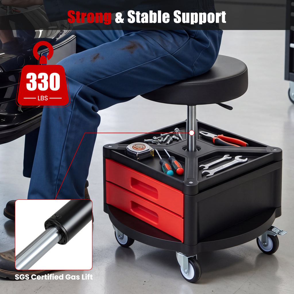 Rolling Mechanic Stool with Cushioned Seat & Dual Tool Trays 330 LBS-Red