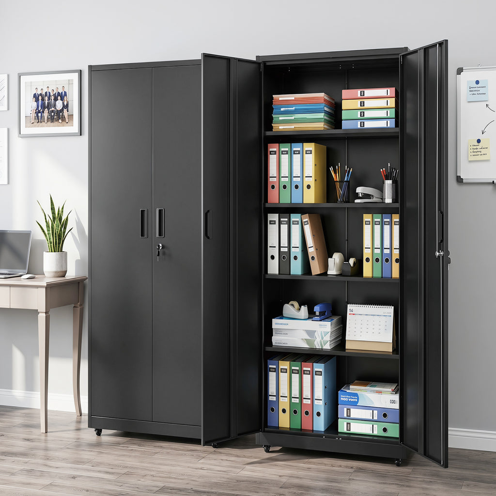 Rolling Metal Storage Cabinet 73 Inches Lockable File Cabinet with 4 Smooth Wheels-Black