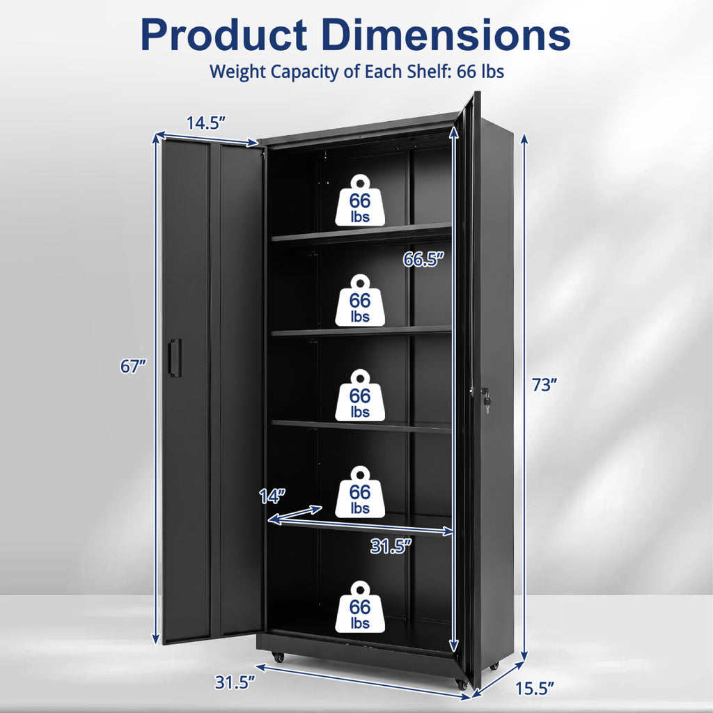 Rolling Metal Storage Cabinet 73 Inches Lockable File Cabinet with 4 Smooth Wheels-Black