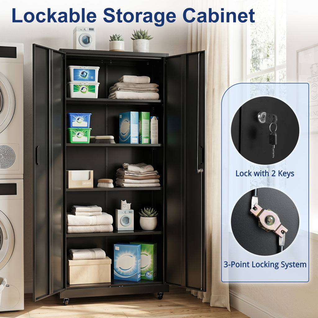 Rolling Metal Storage Cabinet 73 Inches Lockable File Cabinet with 4 Smooth Wheels-Black