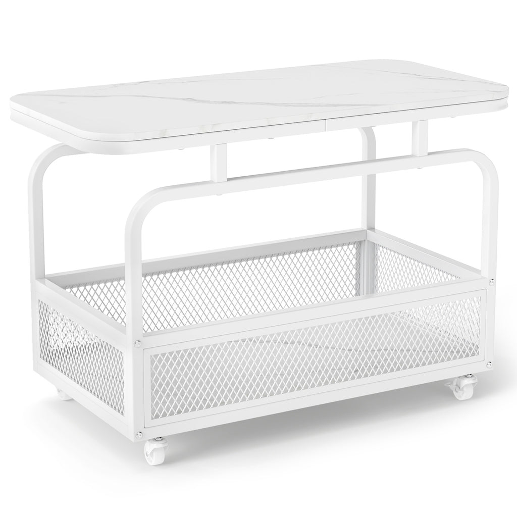 Rolling Side Table 2-Tier Narrow End Table with Mesh Storage Basket-White