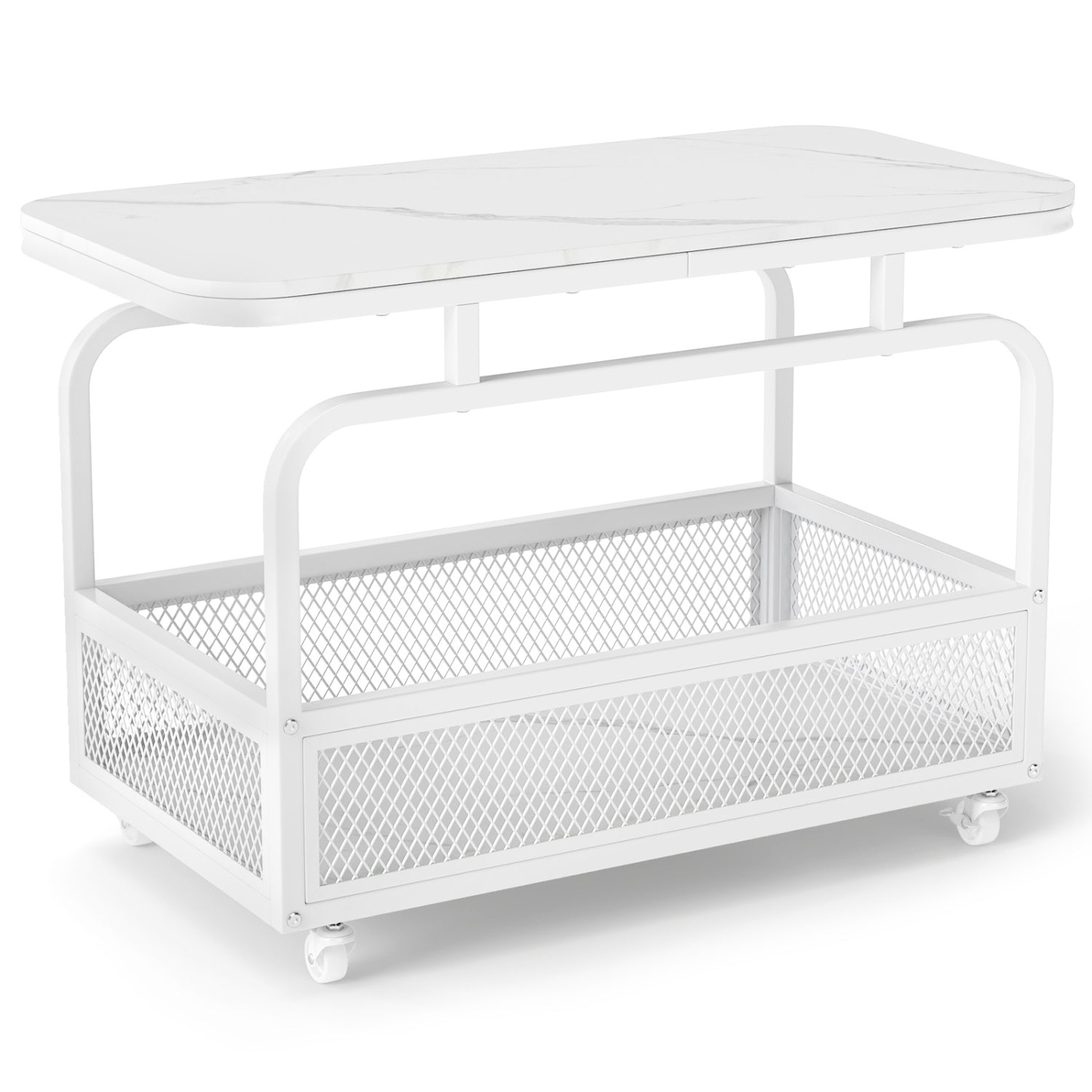 Rolling Side Table 2-Tier Narrow End Table with Mesh Storage Basket-White