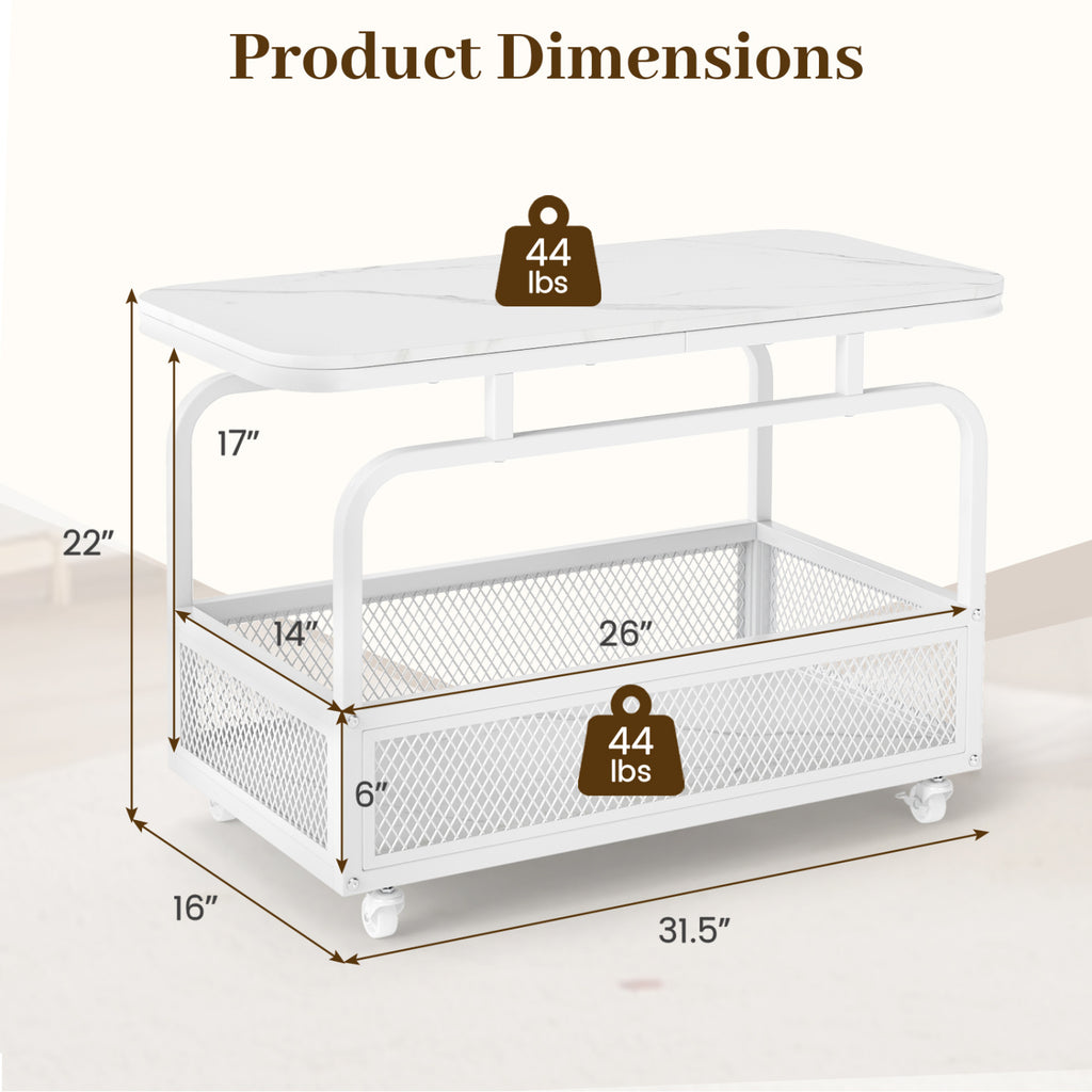 Rolling Side Table 2-Tier Narrow End Table with Mesh Storage Basket-White
