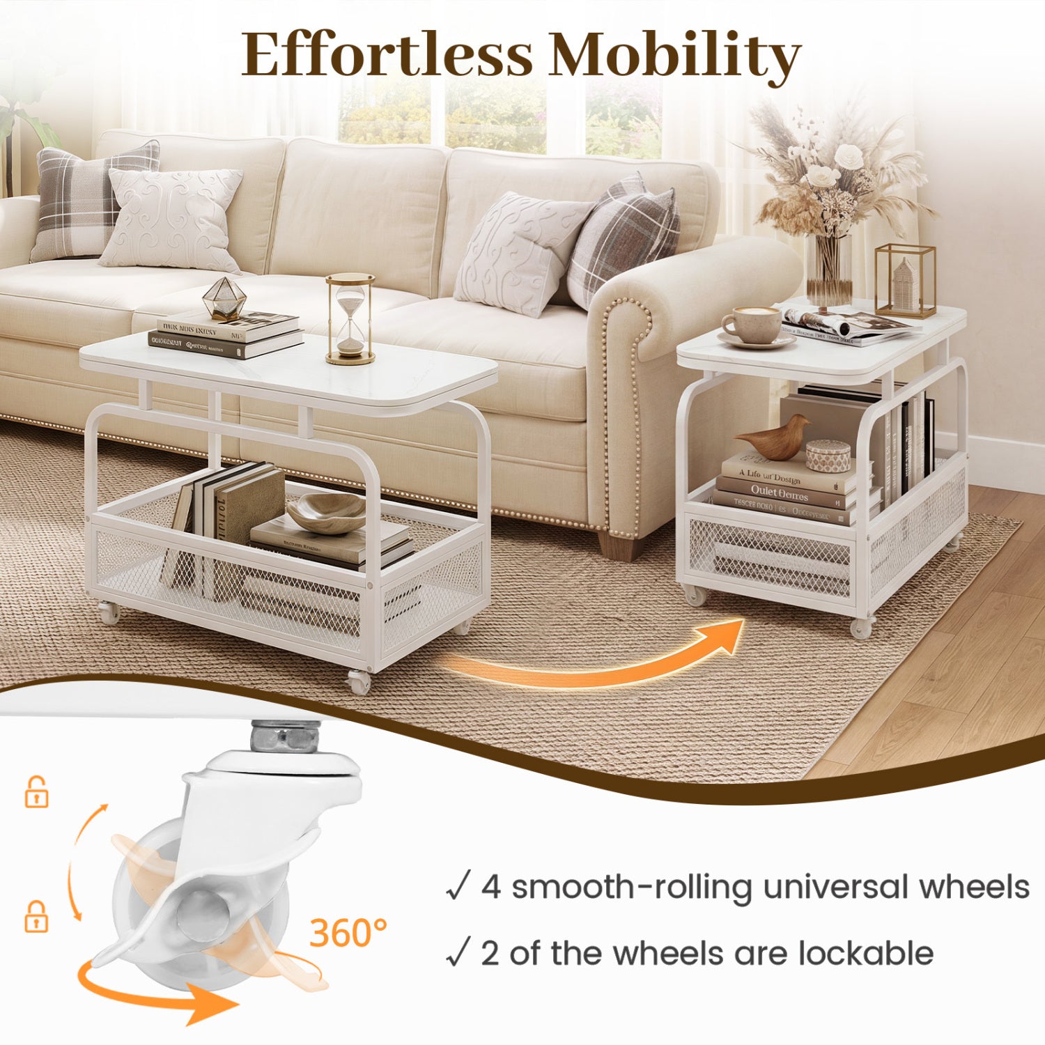 Rolling Side Table 2-Tier Narrow End Table with Mesh Storage Basket-White