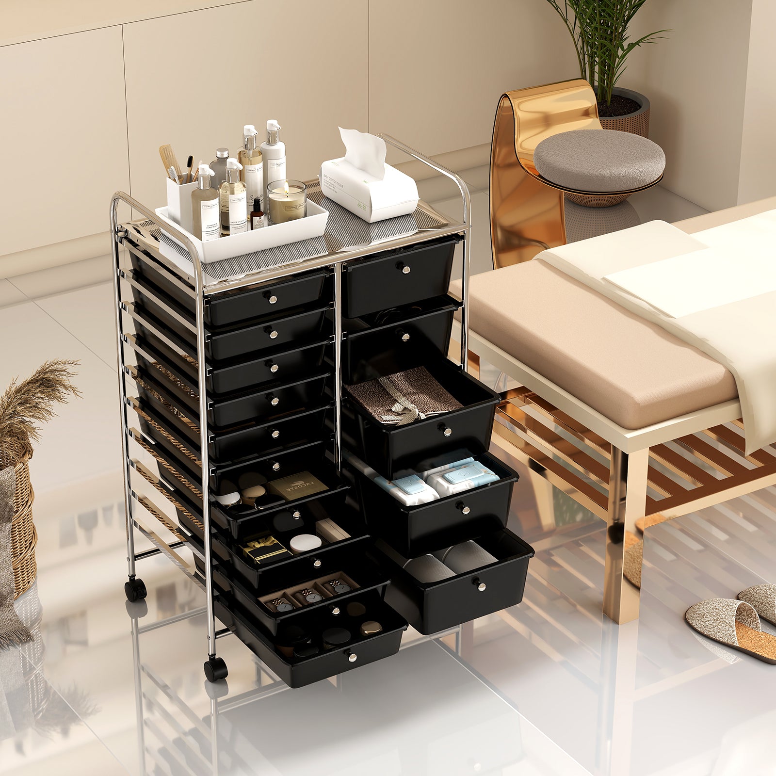 Rolling Storage Cart 15-Drawer Trolley with Chrome Plated Metal Frame-Black