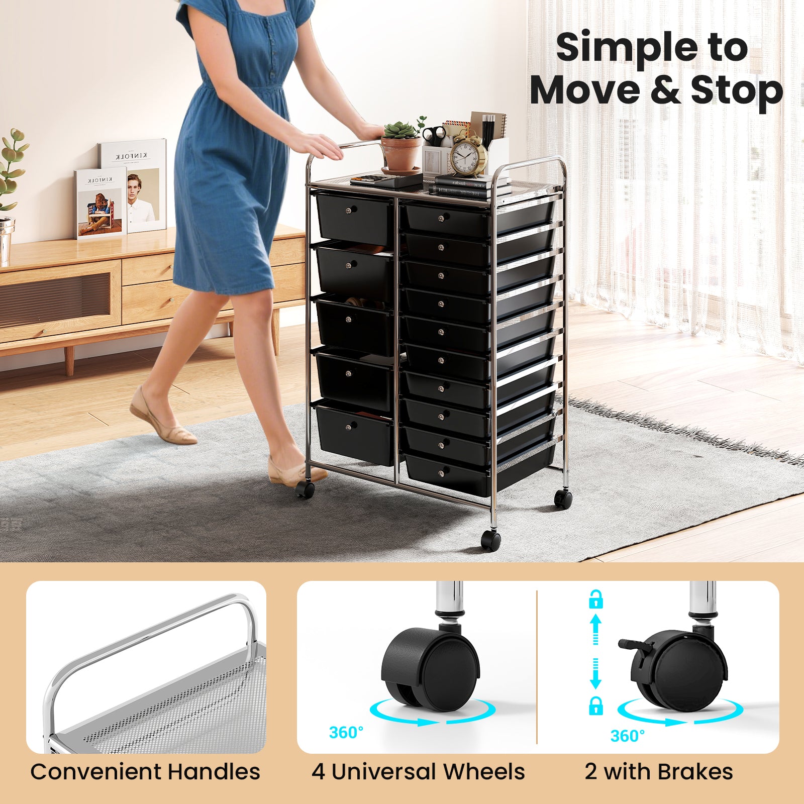 Rolling Storage Cart 15-Drawer Trolley with Chrome Plated Metal Frame-Black