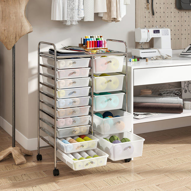 Rolling Storage Cart 15-Drawer Trolley with Chrome Plated Metal Frame-Transparent