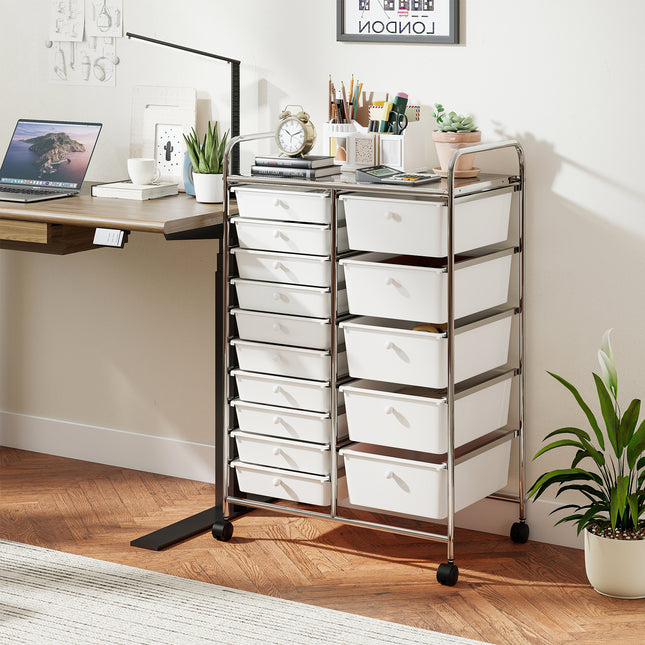 Rolling Storage Cart 15-Drawer Trolley with Chrome Plated Metal Frame-White