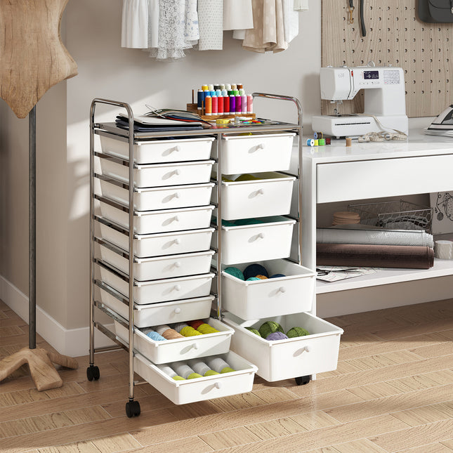 Rolling Storage Cart 15-Drawer Trolley with Chrome Plated Metal Frame-White