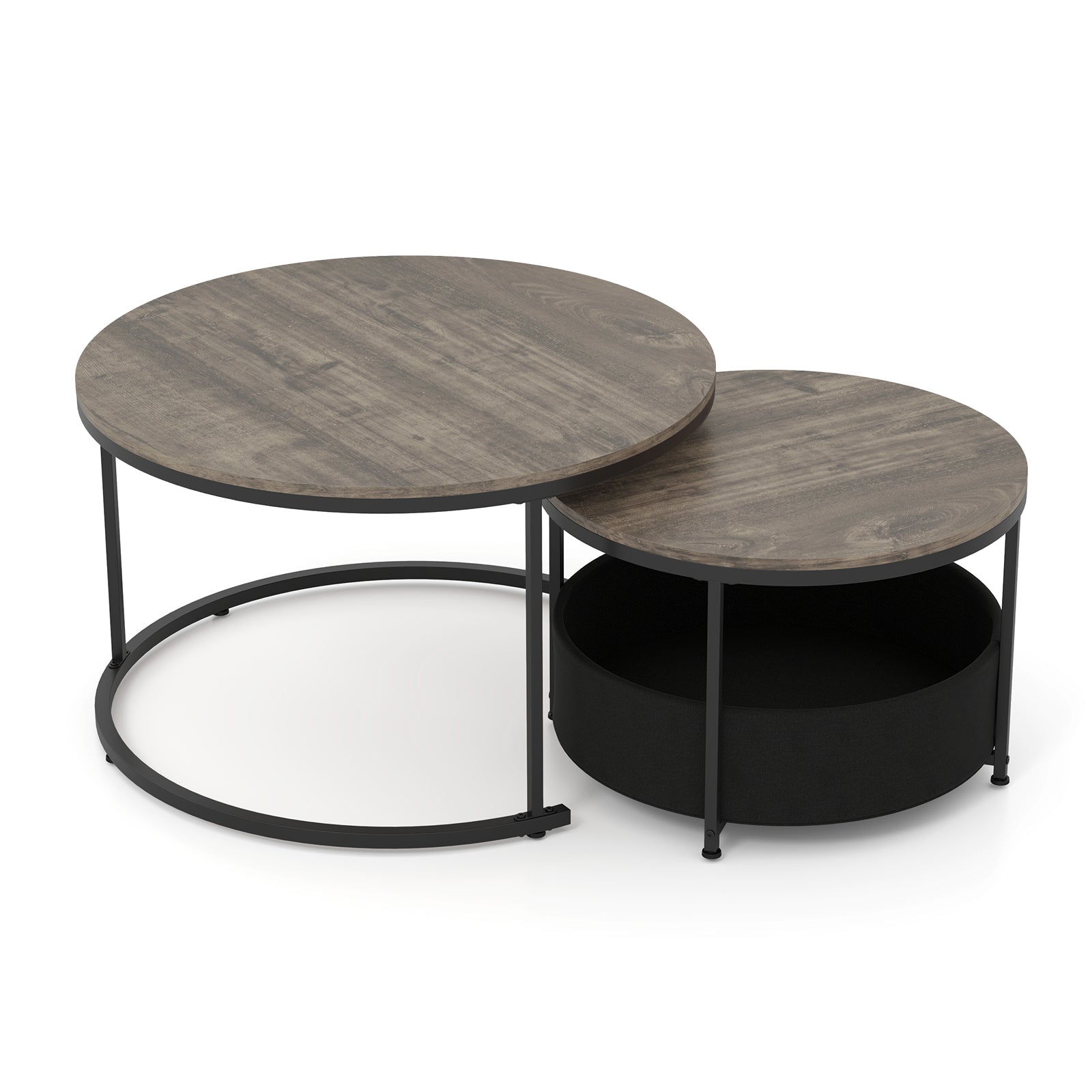 Round Coffee Table Set of 2 31.5" and 24" Circle Cocktail Table with Fabric Storage Basket-Gray