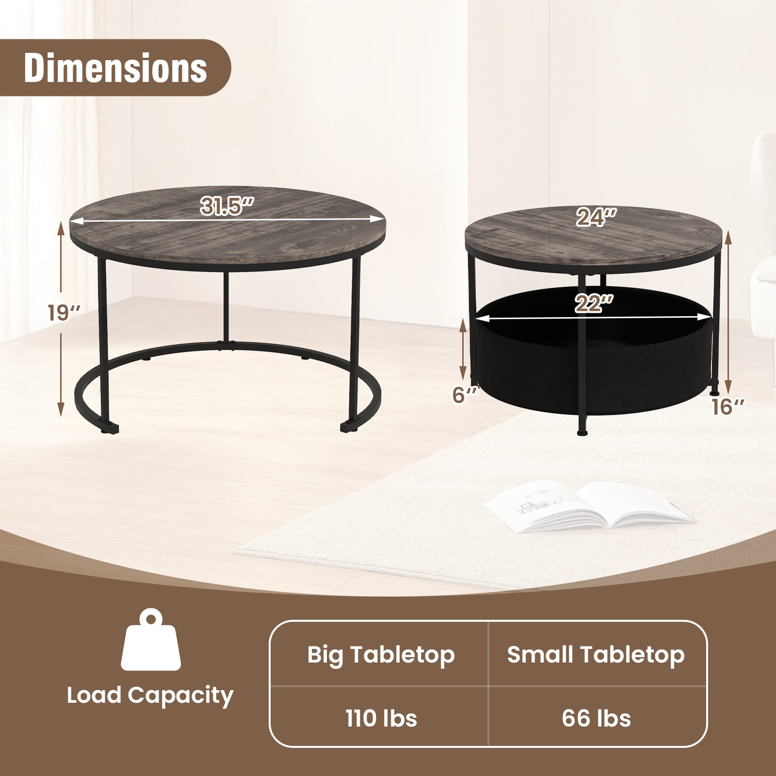 Round Coffee Table Set of 2 31.5" and 24" Circle Cocktail Table with Fabric Storage Basket-Gray