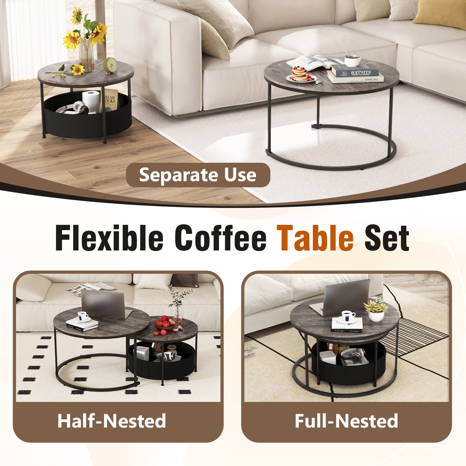 Round Coffee Table Set of 2 31.5" and 24" Circle Cocktail Table with Fabric Storage Basket-Gray