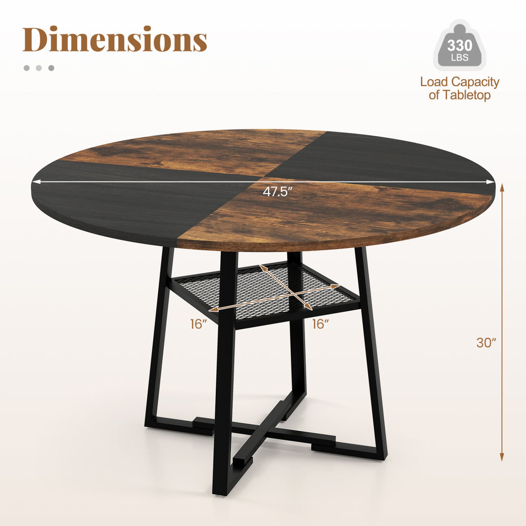 Round Dining Table for 4-6 with Storage Shelf and Metal Legs-Rustic Brown