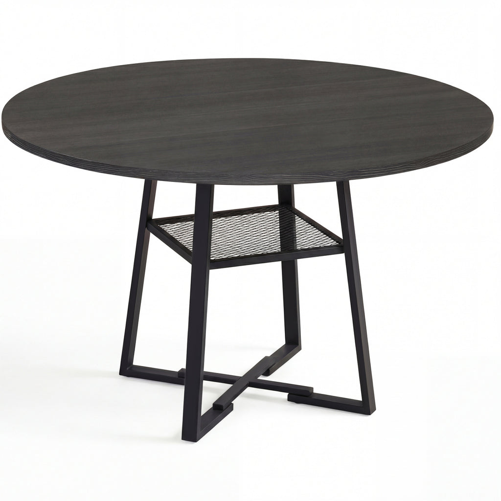 Round Dining Table for 4-6 with Storage Shelf and Metal Legs-Black