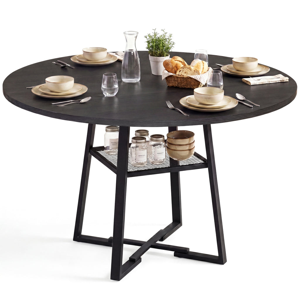 Round Dining Table for 4-6 with Storage Shelf and Metal Legs-Black
