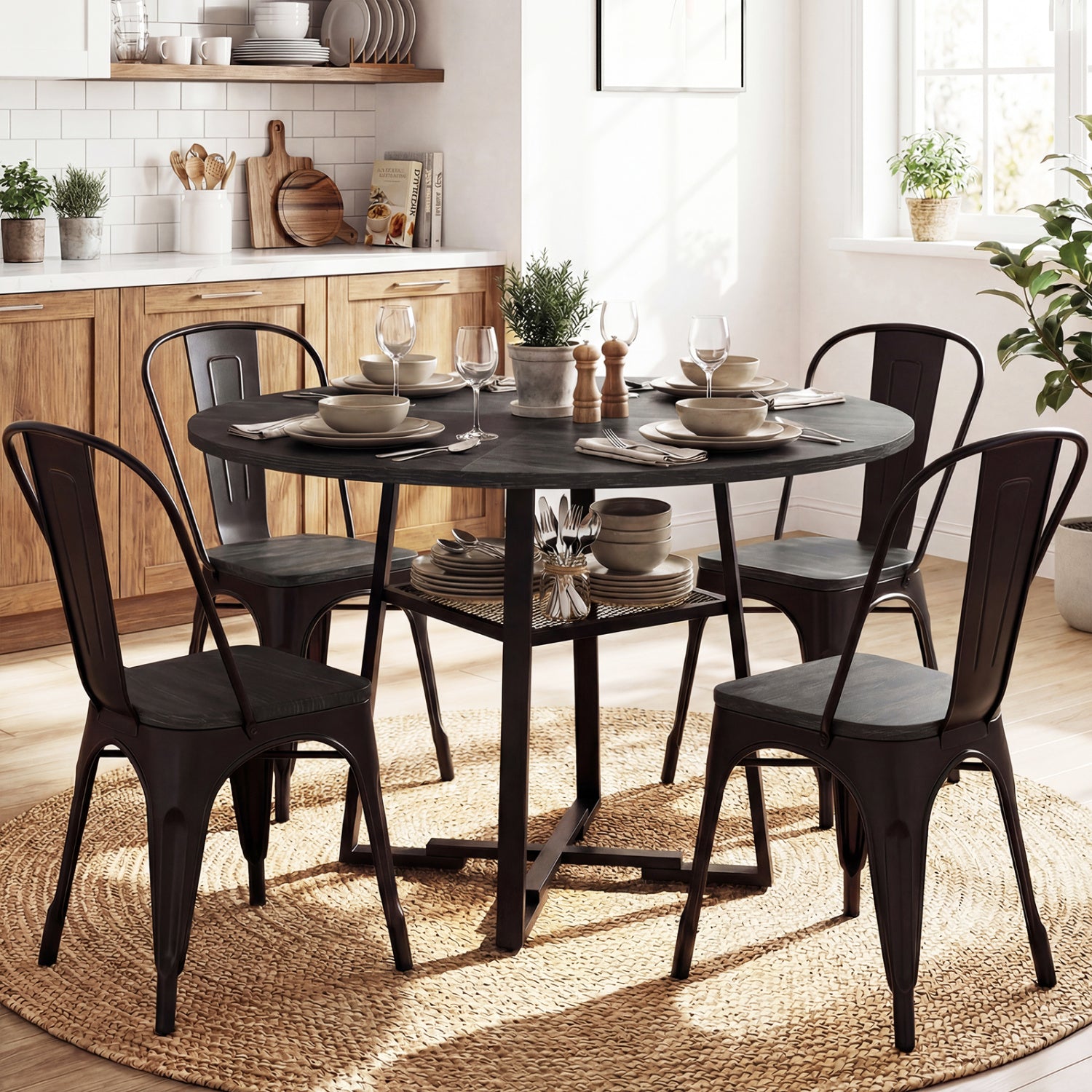 Round Dining Table for 4-6 with Storage Shelf and Metal Legs-Black