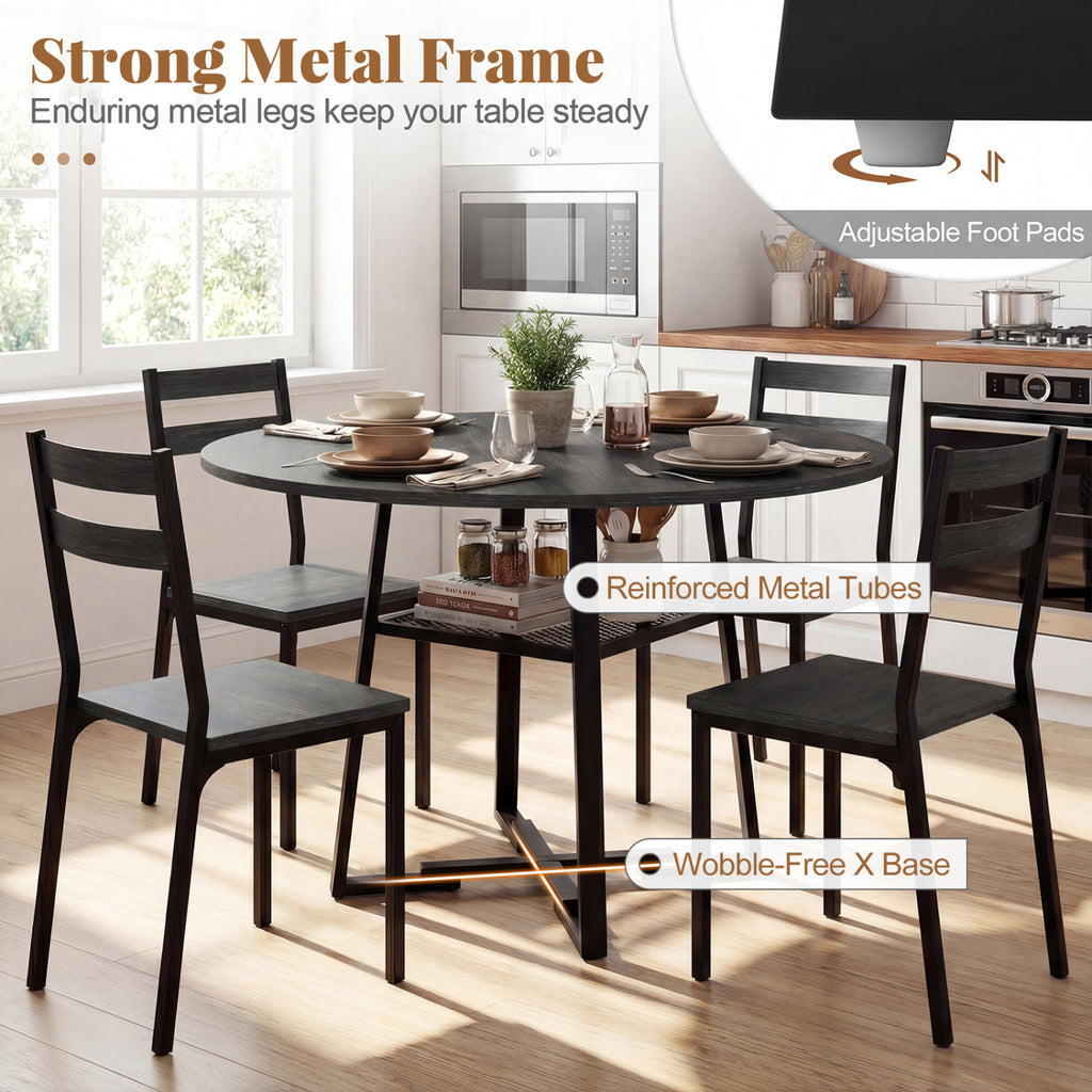 Round Dining Table for 4-6 with Storage Shelf and Metal Legs-Black