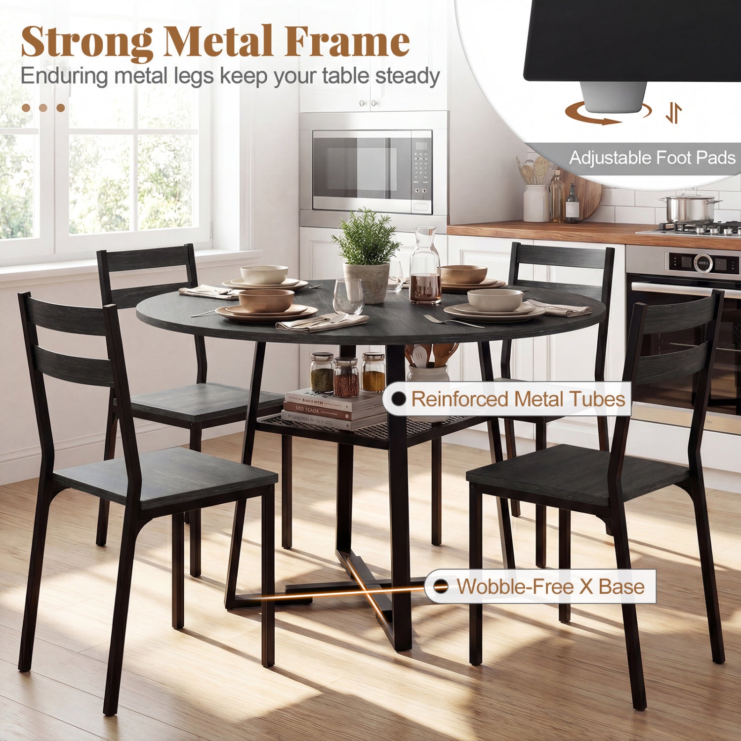 Round Dining Table for 4-6 with Storage Shelf and Metal Legs-Black