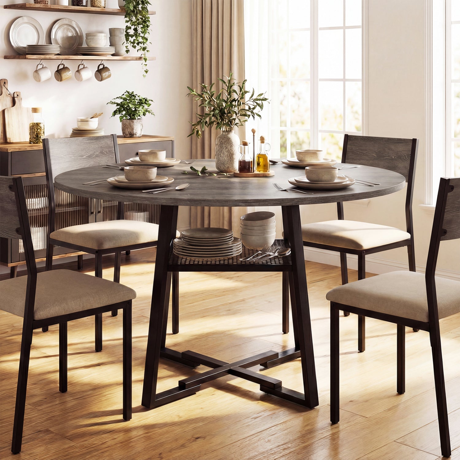Round Dining Table for 4-6 with Storage Shelf and Metal Legs-Gray