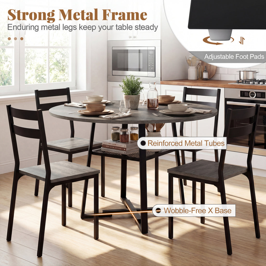 Round Dining Table for 4-6 with Storage Shelf and Metal Legs-Gray