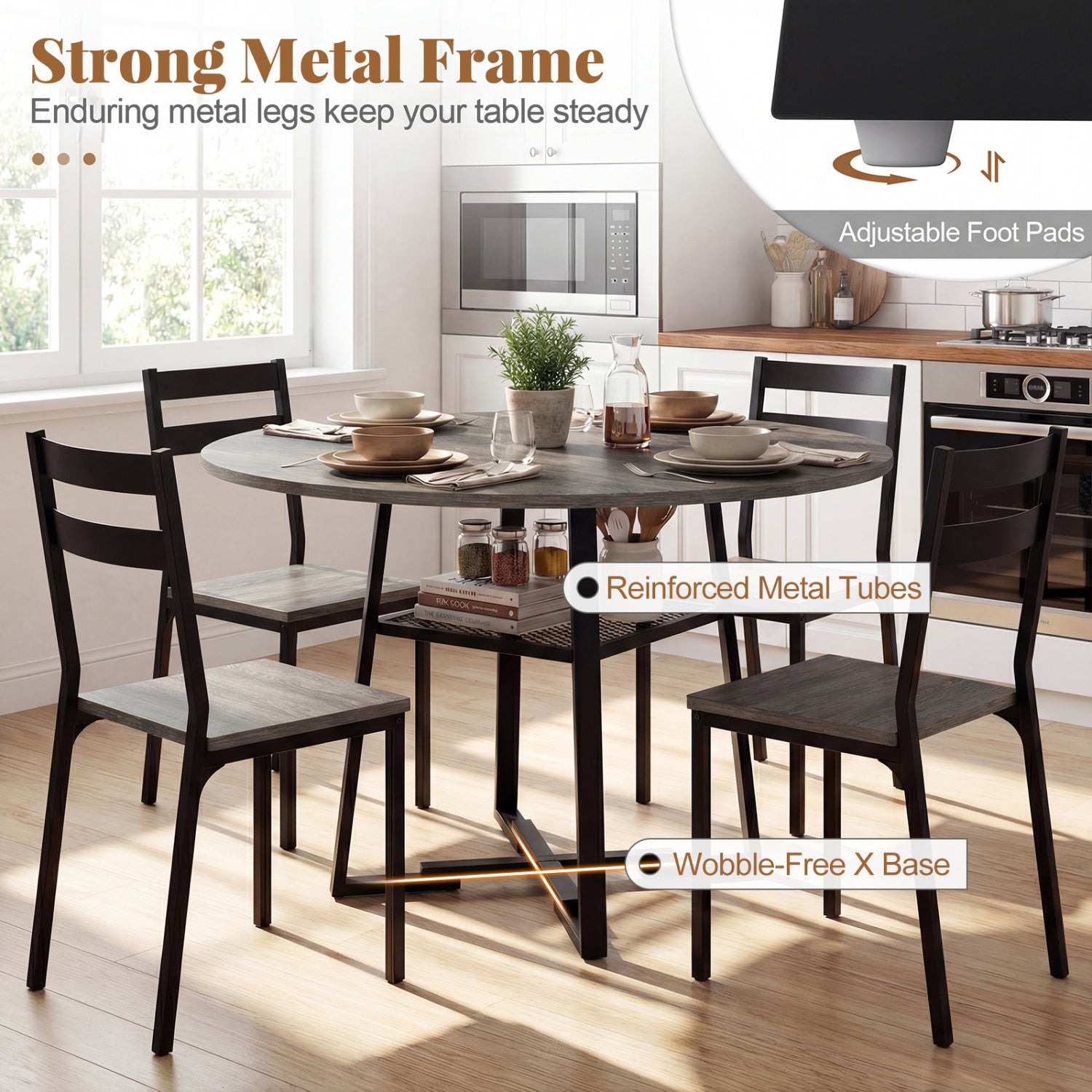 Round Dining Table for 4-6 with Storage Shelf and Metal Legs-Gray