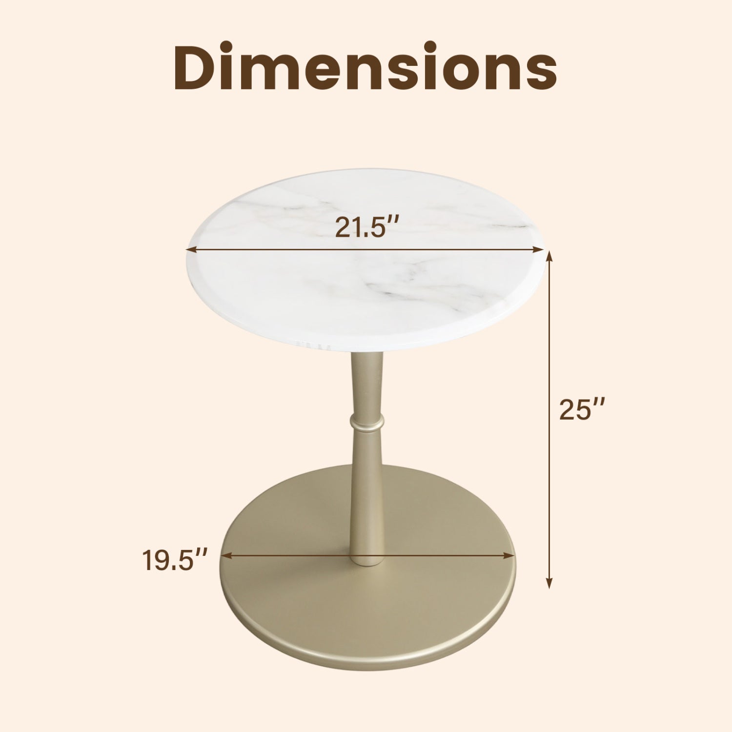 Round Marble Side Table with Stone Finish and Wooden Base for Small Spaces-White and Gold